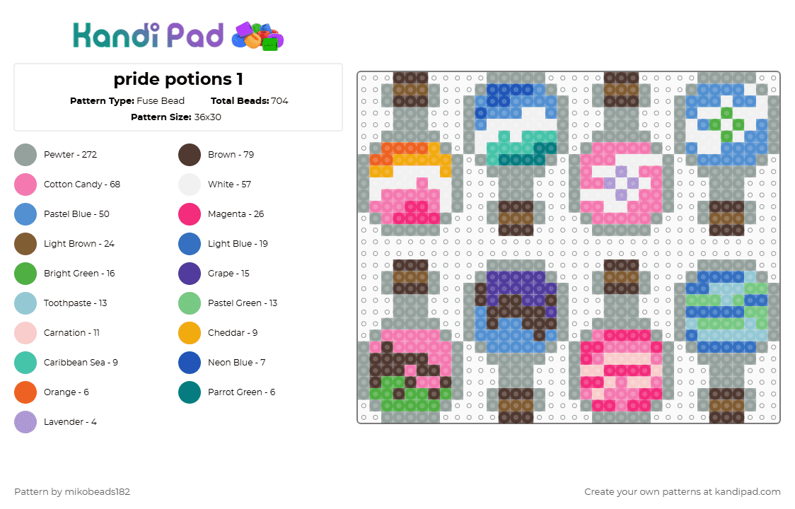 pride potions 1 - Fuse Bead Pattern by mikobeads182 on Kandi Pad - gray,brown,pink,light blue,lesbian,sapphic,gynosexual,androsexual,mlm,finsexual,minsexual,achillean
