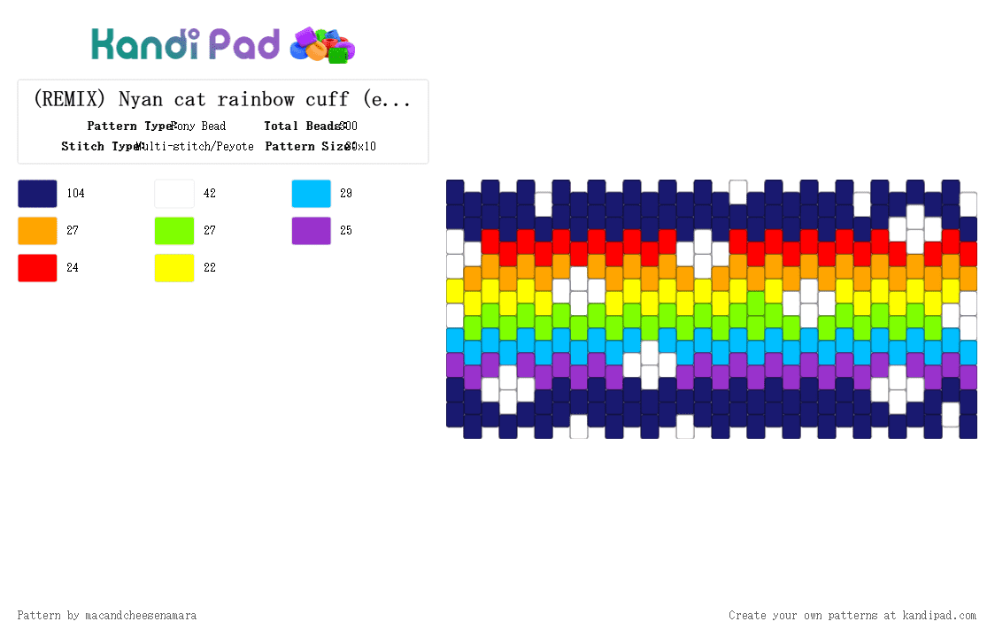 (REMIX) Nyan cat rainbow cuff (extended) - Pony Bead Pattern by macandcheesenamara on Kandi Pad - purple