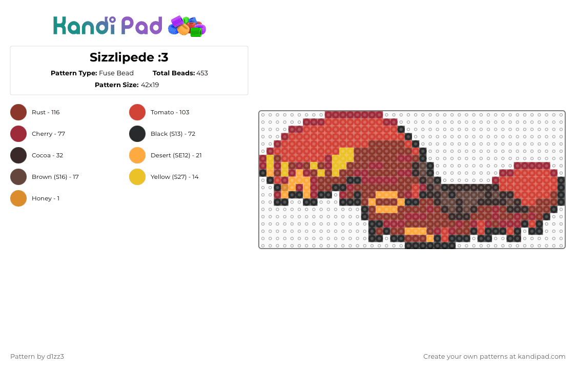 Sizzlipede :3 - Fuse Bead Pattern by d1zz3 on Kandi Pad - red,pokemon,fire type,sizzlipede