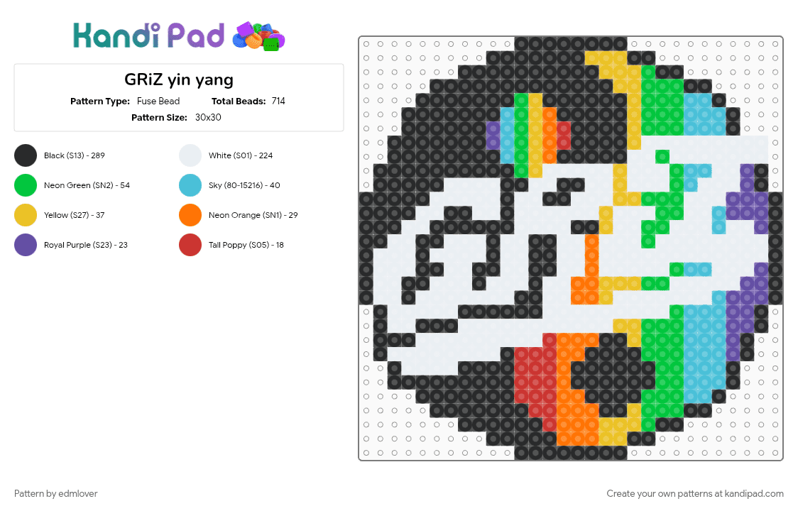 GRiZ yin yang - Fuse Bead Pattern by edmlover on Kandi Pad - cotdedm, green, light blue, rainbow, white, yellow, yin yang