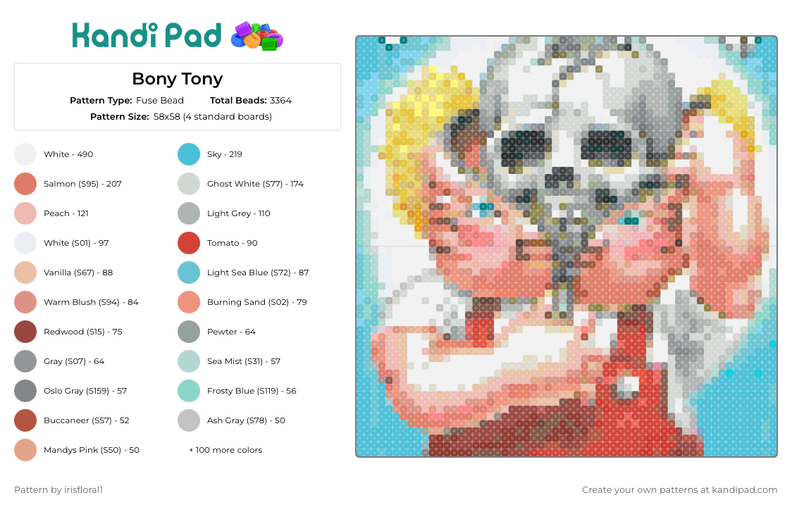 Bony Tony - Fuse Bead Pattern by irisfloral1 on Kandi Pad - bony tony,garbage pail kids,character,skeleton,spooky,gray,red,tan