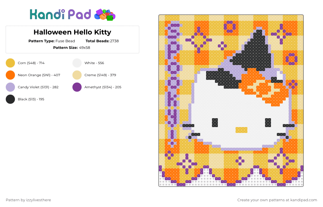 Halloween Hello Kitty - Fuse Bead Pattern by izzylivesthere on Kandi Pad - hello kitty,halloween,banner,tapestry,holiday,spooky,yellow,pink
