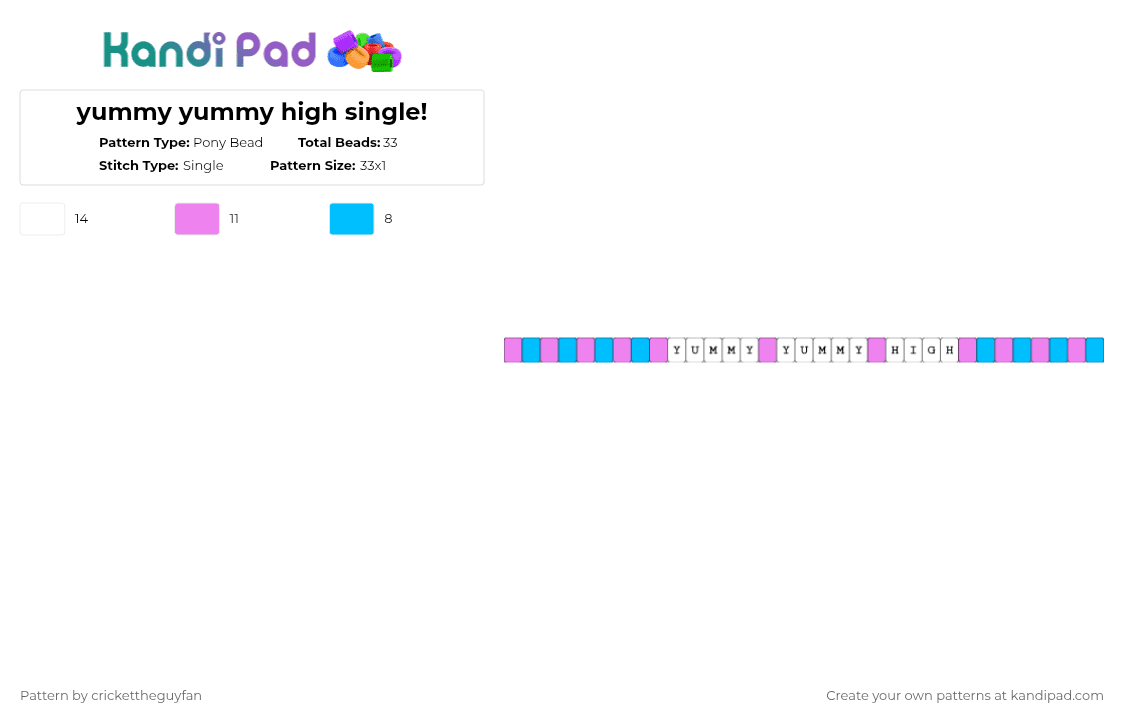 yummy yummy high single! - Pony Bead Pattern by deleted_user_967936 on Kandi Pad - light blue,pink,blue,yummy yummy high,single