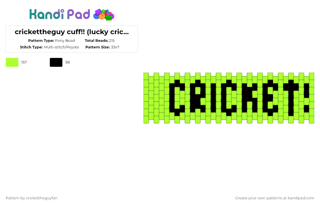 crickettheguy cuff!! (lucky cricket) - Pony Bead Pattern by deleted_user_967936 on Kandi Pad - black, cricket, crickettheguy, cuff, epic, green, multistitch, music, small artist
