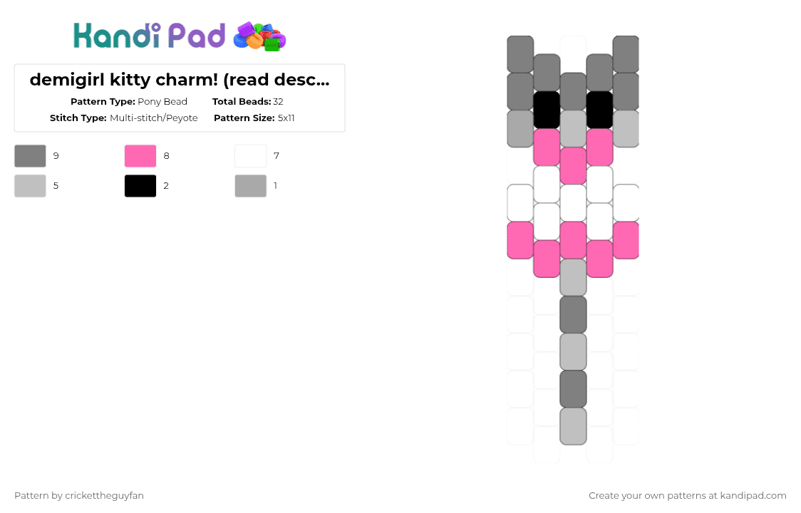 demigirl kitty charm! (read description!!) - Pony Bead Pattern by deleted_user_967936 on Kandi Pad - gray,pink,pride,cat,lgbtqia,request,flag,demigirl
