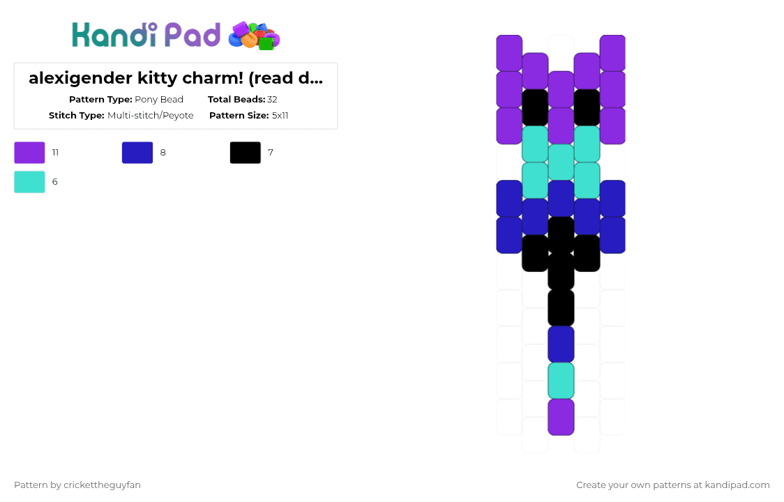 alexigender kitty charm! (read description!!) - Pony Bead Pattern by deleted_user_967936 on Kandi Pad - alexigender, cat, flag, lgbtqia, pride, purple, request