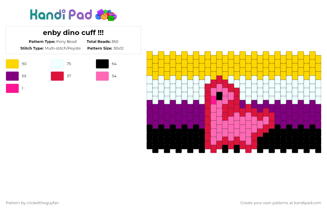enby dino cuff !!! - Pony Bead Pattern by deleted_user_967936 on Kandi Pad - yellow,pink,pride,dino,enby