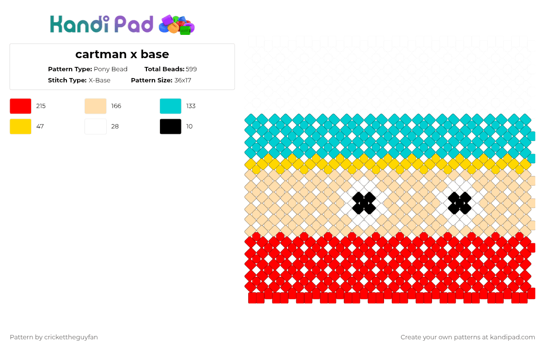 cartman x base - Pony Bead Pattern by deleted_user_967936 on Kandi Pad - beige,red,light blue,cartman,x base,south park