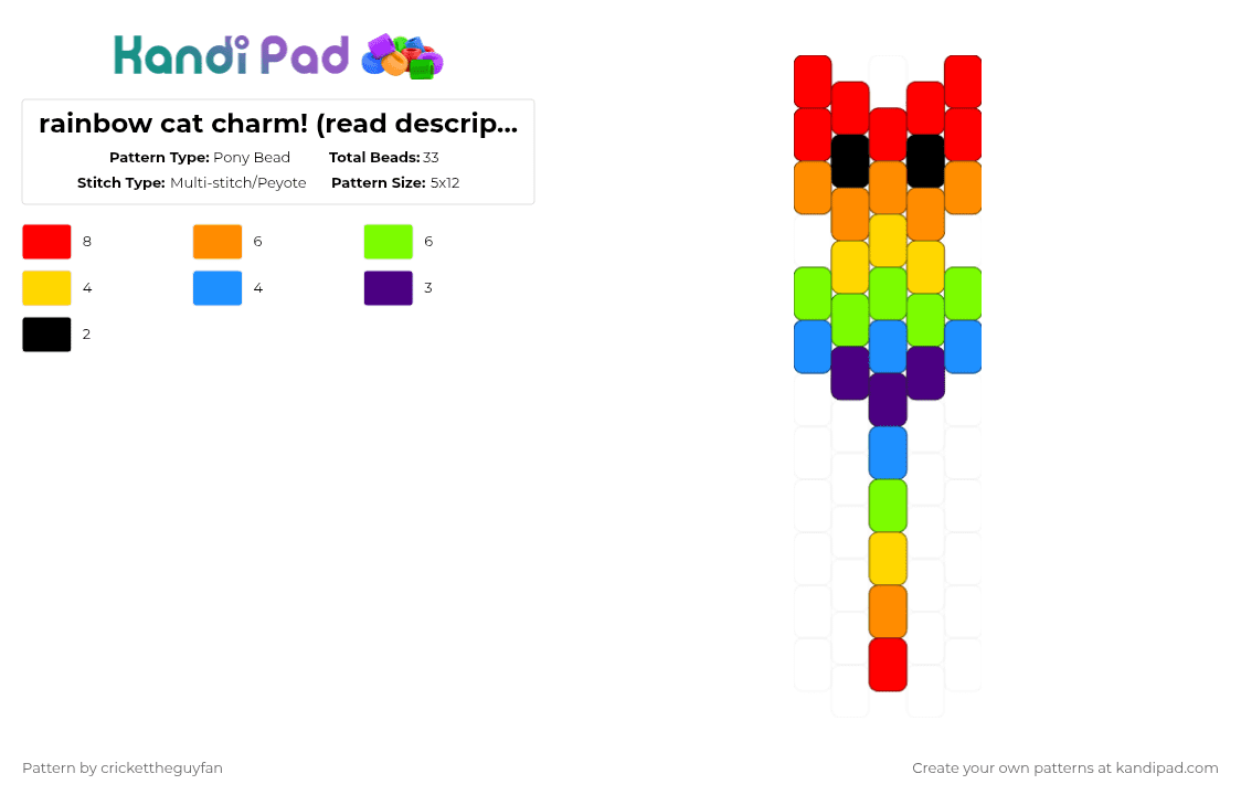 rainbow cat charm! (read description!!) - Pony Bead Pattern by deleted_user_967936 on Kandi Pad - red,orange,green,gay,pride,cat,lgbtqia,kitty,rainbow,request