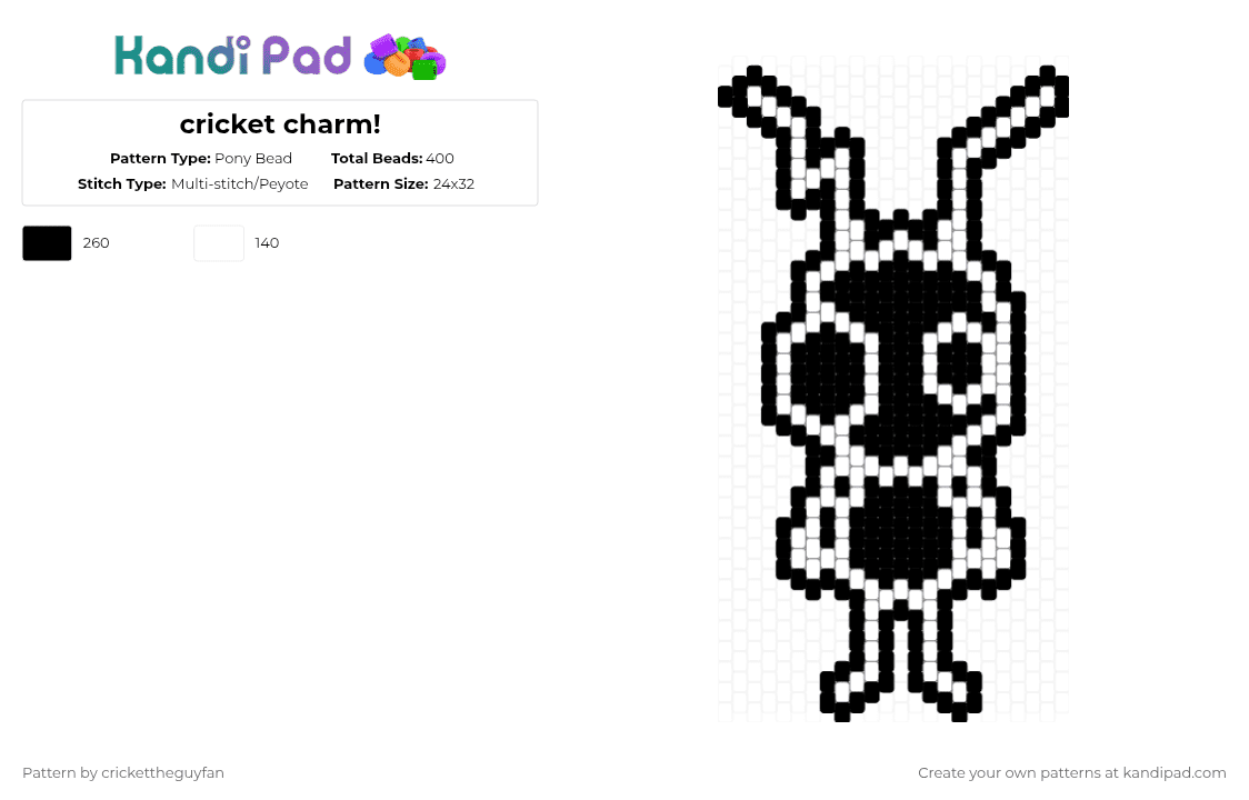 cricket charm! - Pony Bead Pattern by deleted_user_967936 on Kandi Pad - black,white,cricket,music,charm