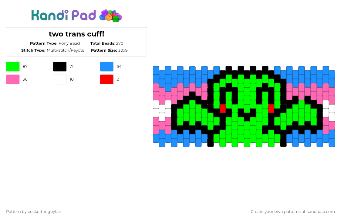 two trans cuff! - Pony Bead Pattern by deleted_user_967936 on Kandi Pad - green,light blue,trans,tpot,blue,white,pink