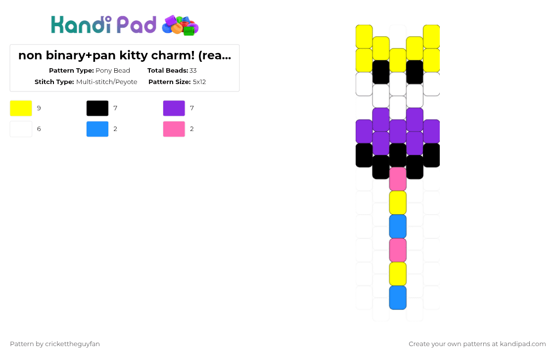 non binary+pan kitty charm! (read description!!) - Pony Bead Pattern by deleted_user_967936 on Kandi Pad - yellow,purple,pride,cat,lgbtqia,request,flag,pan,non binary