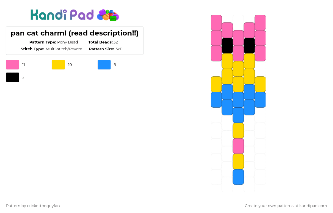 pan cat charm! (read description!!) - Pony Bead Pattern by deleted_user_967936 on Kandi Pad - pink,yellow,pan,pansexual,pride,kitty,cat charm,blue