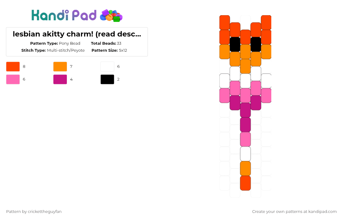 lesbian akitty charm! (read description!!) - Pony Bead Pattern by deleted_user_967936 on Kandi Pad - red,pink,pride,cat,lgbtqia,request,flag,lesbian,orange