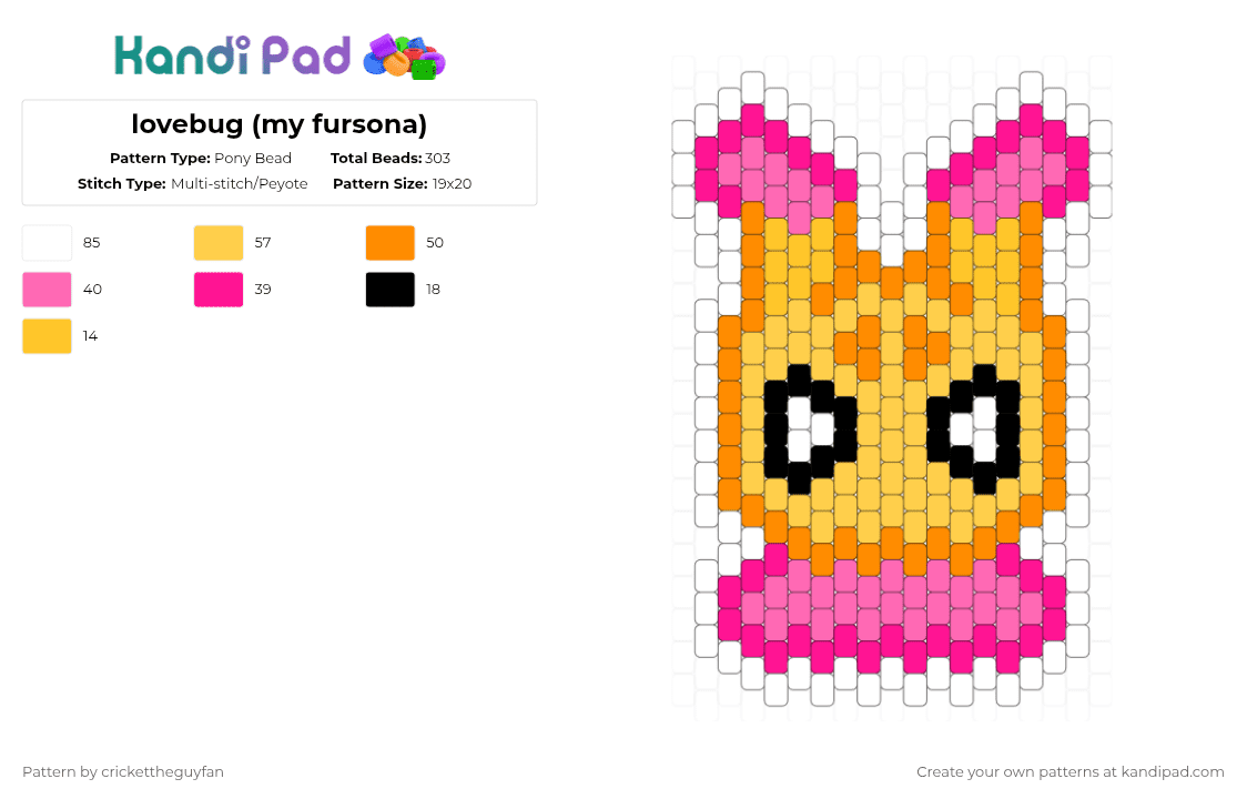 lovebug (my fursona) - Pony Bead Pattern by deleted_user_967936 on Kandi Pad - yellow,pink,moth,furry