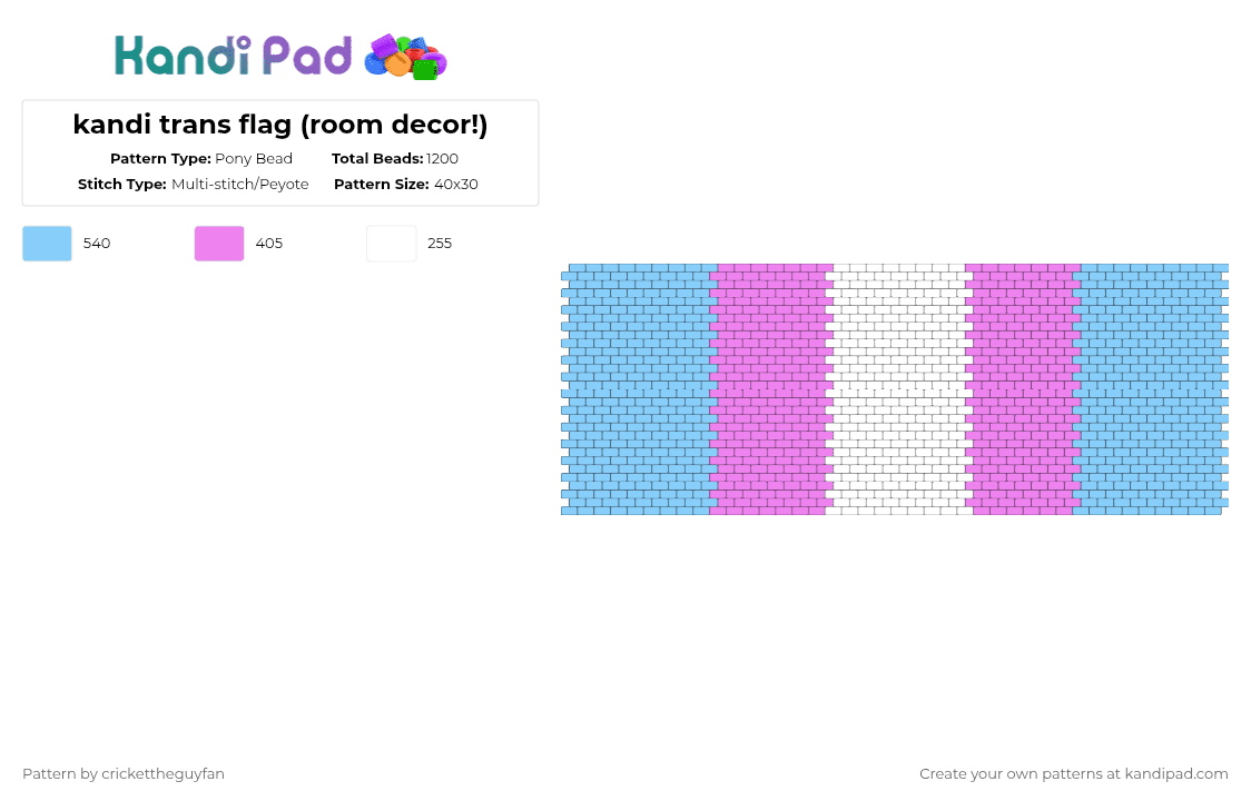 kandi trans flag (room decor!) - Pony Bead Pattern by deleted_user_967936 on Kandi Pad - light blue,pink,trans,flag,room decor