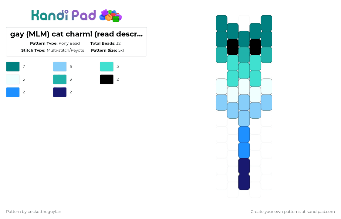 gay (MLM) cat charm! (read description!!) - Pony Bead Pattern by deleted_user_967936 on Kandi Pad - teal,light blue,gay,mlm,pride,cat,lgbtqia,blue,green,kitty