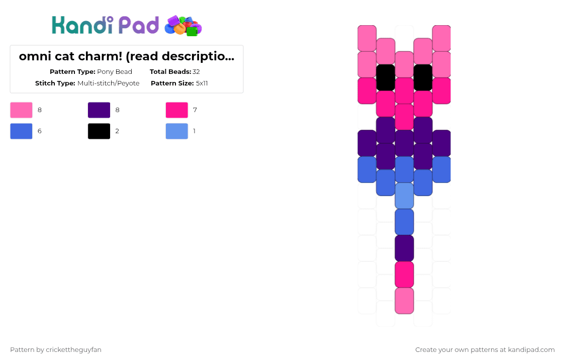 omni cat charm! (read description!!) - Pony Bead Pattern by deleted_user_967936 on Kandi Pad - pink,purple,blue,kitty,pride,cat,omni,lgbtqia,omni pride