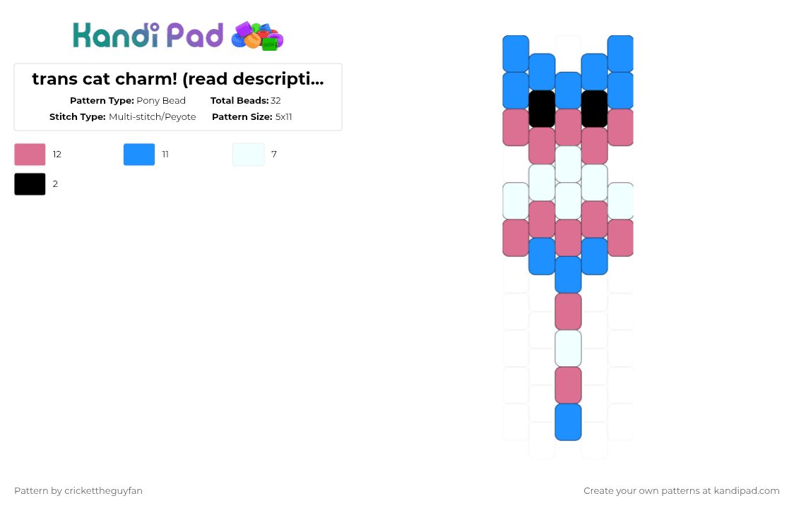 trans cat charm! (read description!!) - Pony Bead Pattern by deleted_user_967936 on Kandi Pad - trans,cat,charm,blue,pink,white,kitty,pride