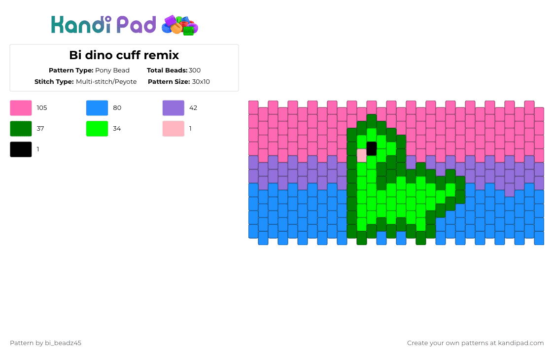 Bi dino cuff remix - Pony Bead Pattern by bi_beadz45 on Kandi Pad - green,pink,light blue