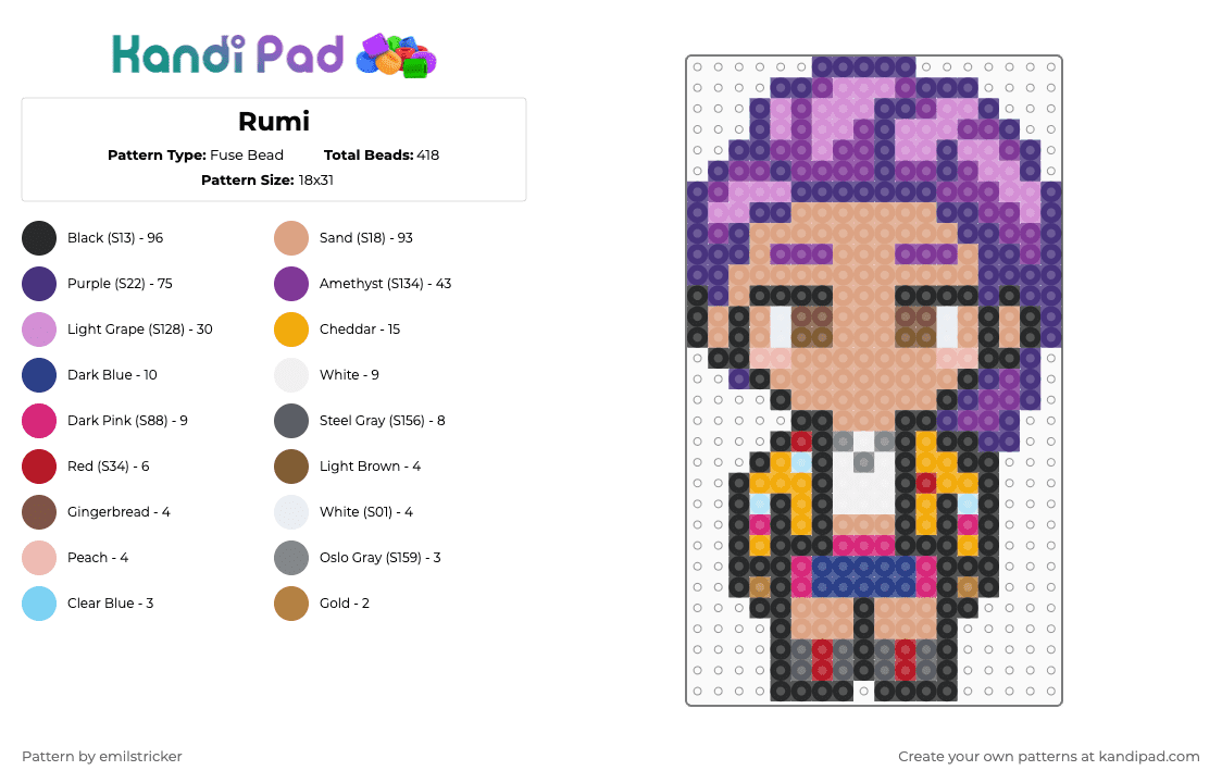 Rumi - Fuse Bead Pattern by emilstricker on Kandi Pad - rumi,kpdh,kpop demon hunters,character,chibi,anime,tv show,purple,pink,beige
