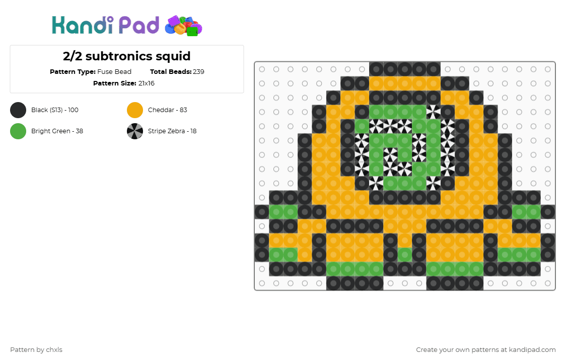 2/2 subtronics squid - Fuse Bead Pattern by chxls on Kandi Pad - subtronics,squid,octopus,cyclops,hypnotic,dj,music,edm,dubstep,animal,green,orange