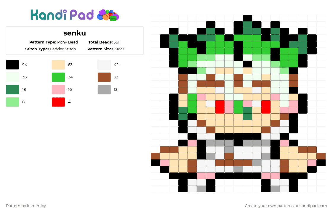 senku - Pony Bead Pattern by itsmimicy on Kandi Pad - red,beige,green