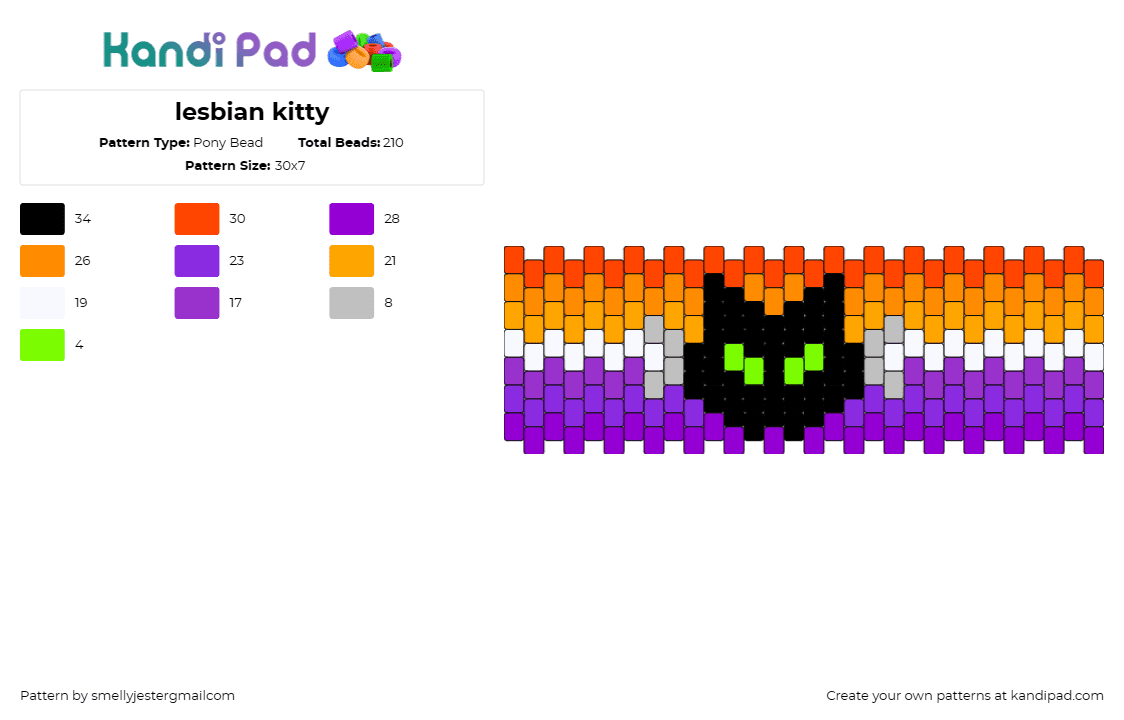 lesbian kitty - Pony Bead Pattern by smellyjestergmailcom on Kandi Pad - lesbian,pride,cat,cuff,animal,affection,symbolism,orange,purple