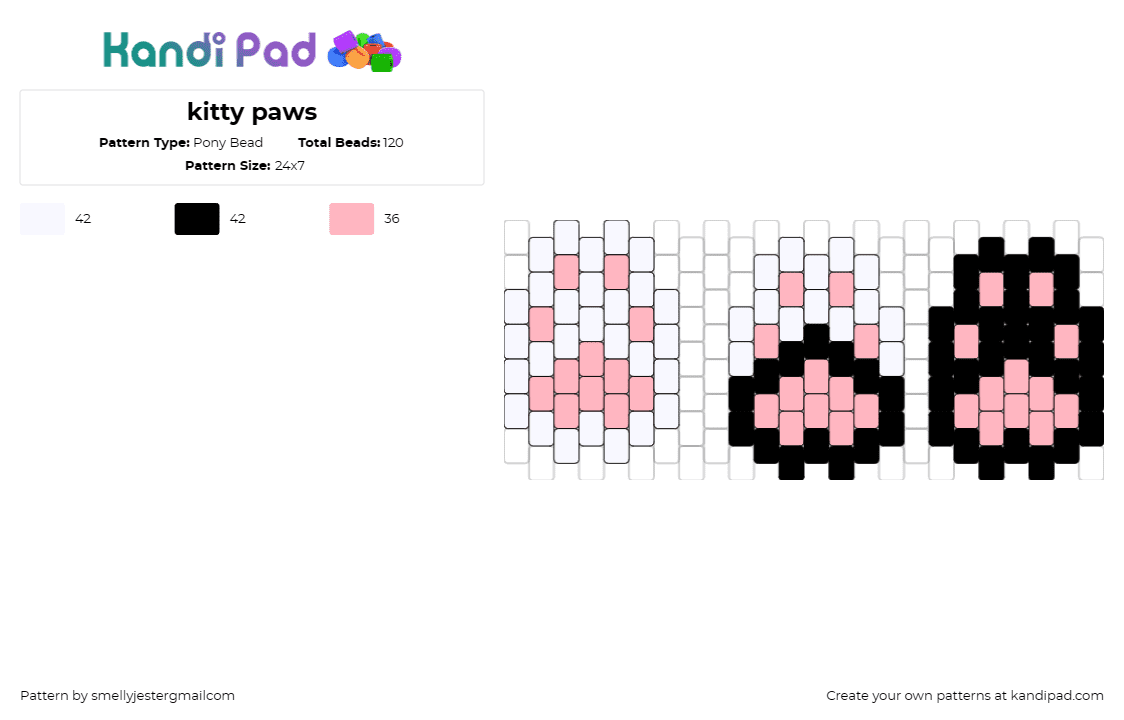 kitty paws - Pony Bead Pattern by smellyjestergmailcom on Kandi Pad - cat,kitten,paw print,animal,playful,feline,adorable,pet,white,pink,black