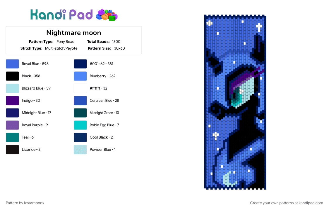 Nightmare moon - Pony Bead Pattern by lxnarmoonx on Kandi Pad - blue, luna, mlp, mlp gen 4, mlpfim, my little pony, my little pony g4, nightmare moon, purple