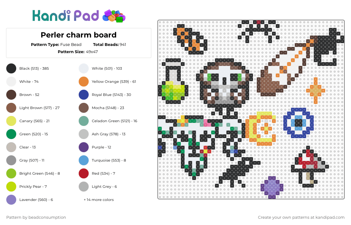 Perler charm board - Fuse Bead Pattern by beadconsumption on Kandi Pad - black,orange,brown,purple,beige,colorful