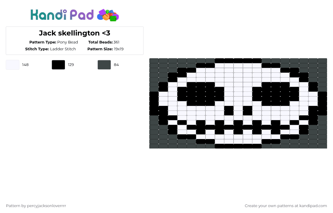 Jack skellington - Pony Bead Pattern by animals_are_better_than_people on Kandi Pad - white,pink,spooky