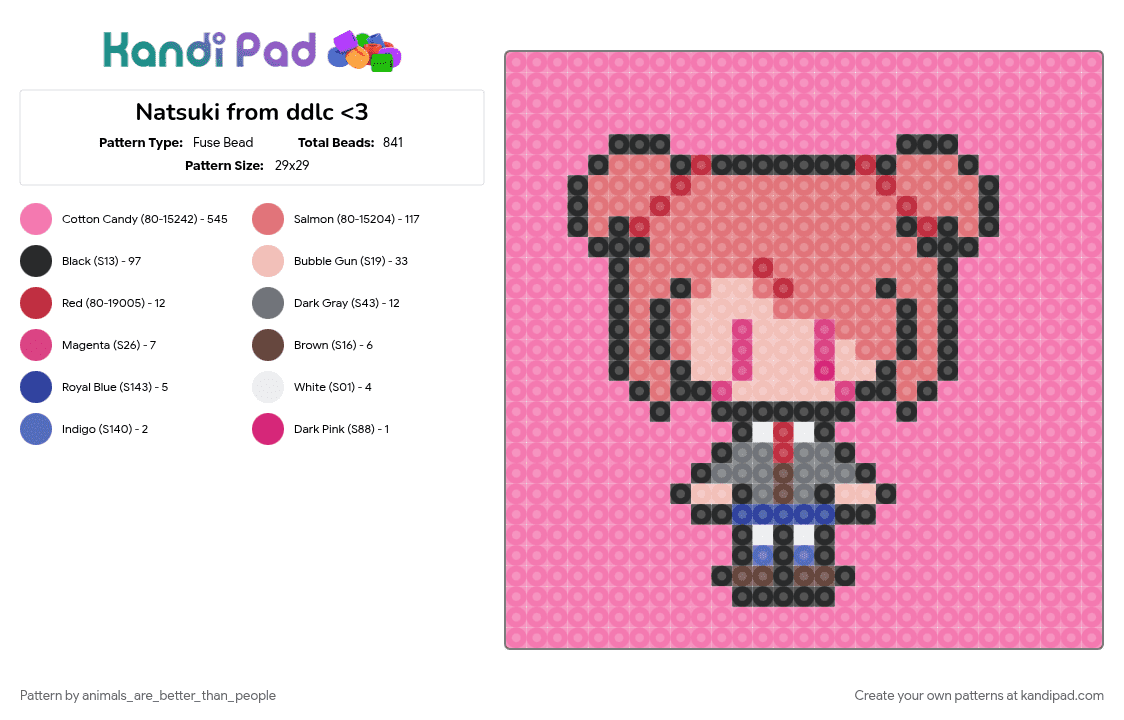 Natsuki from ddlc - Fuse Bead Pattern by animals_are_better_than_people on Kandi Pad - colorful, cute, doki doki literature club, pink, red
