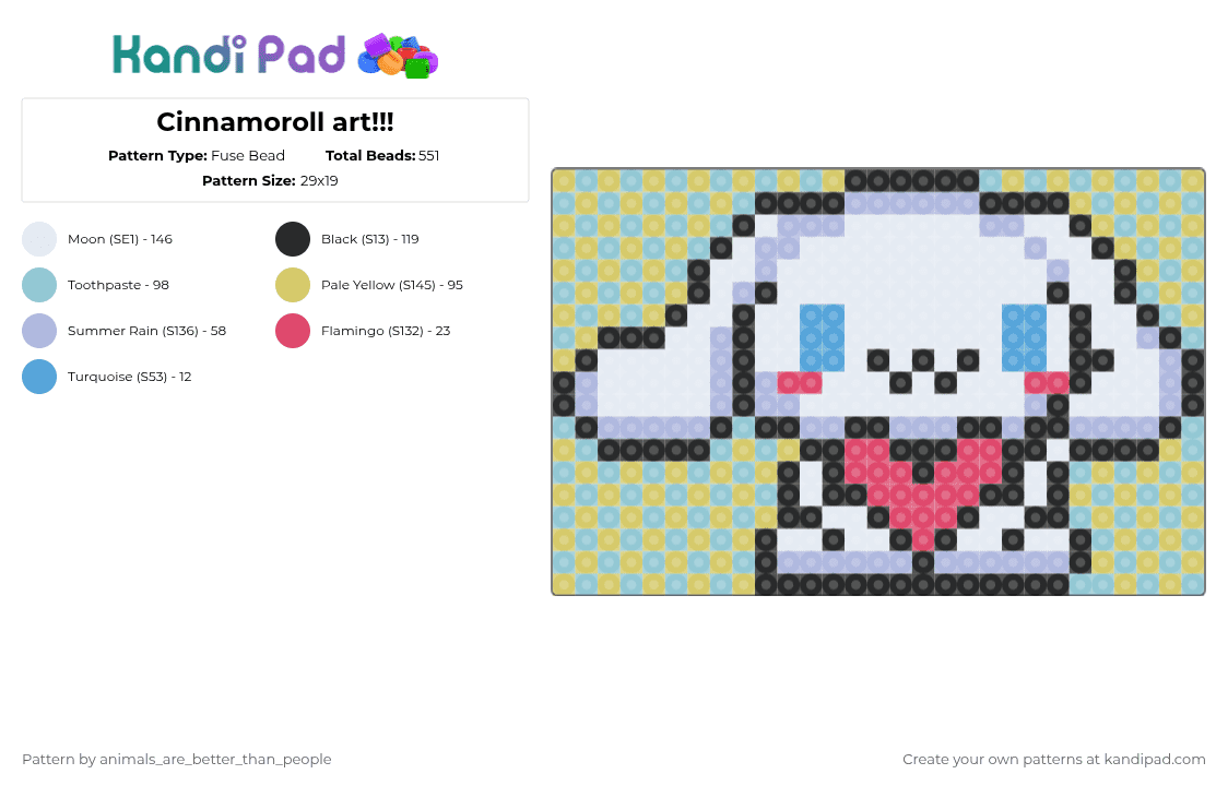 Cinnamoroll art!!! - Fuse Bead Pattern by animals_are_better_than_people on Kandi Pad - light blue,yellow,cute,colorful,hellokitty,cinnamoroll