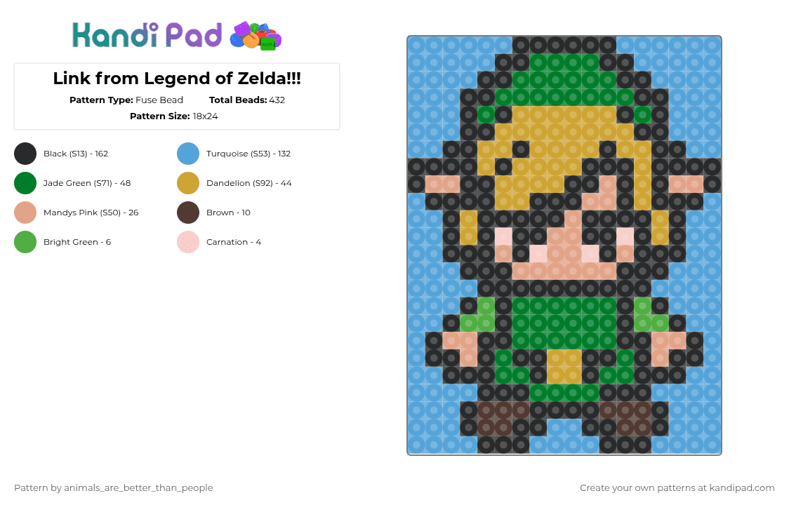 Link from Legend of Zelda!!! - Fuse Bead Pattern by animals_are_better_than_people on Kandi Pad - green,light blue,cool,colorful,gaming,legend of zelda