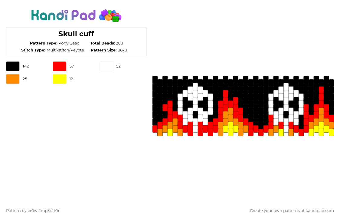Skull cuff - Pony Bead Pattern by cr0w_1mp3r4t0r on Kandi Pad - black,red,skull,fire