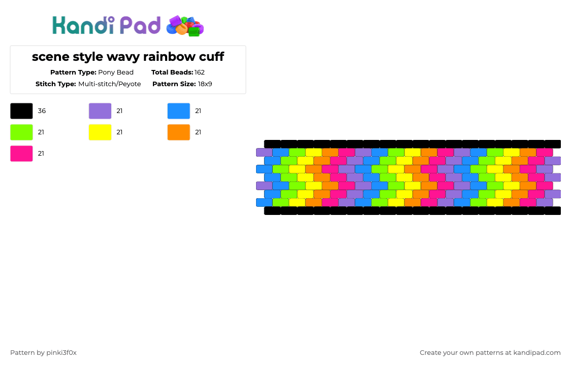 scene style wavy rainbow cuff - Pony Bead Pattern by pinki3f0x on Kandi Pad - light blue,yellow,pink,colorful
