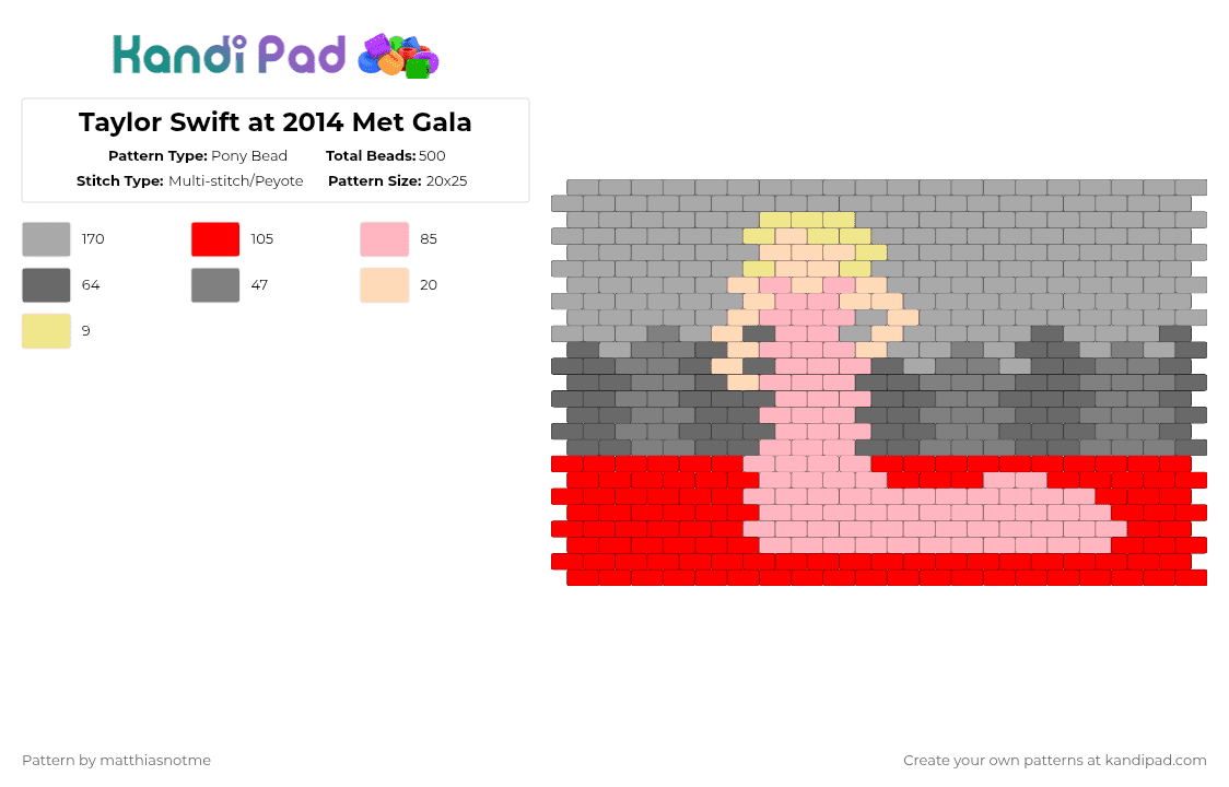 Taylor Swift at 2014 Met Gala - Pony Bead Pattern by matthiasnotme on Kandi Pad - gray,red,beige,cotdgala,celebrity,taylor swift,fancy,pink,fashion