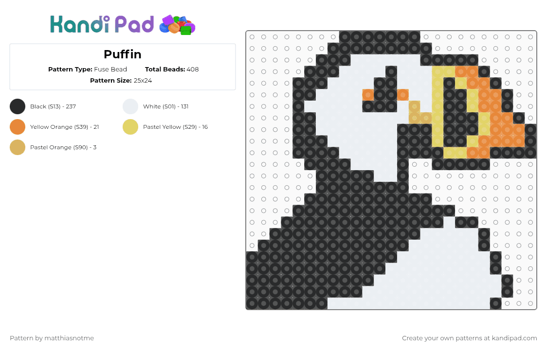 Puffin - Fuse Bead Pattern by matthiasnotme on Kandi Pad - black,white,orange,yellow,cotdarctic,arctic,bird,puffin,animal
