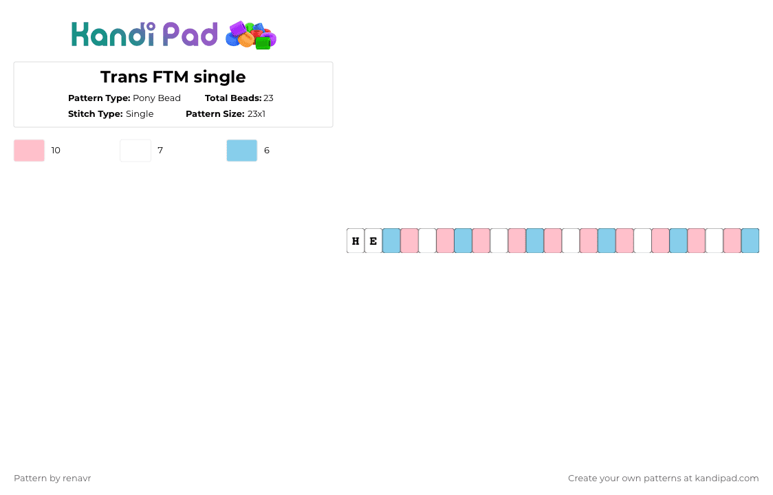 Trans FTM single - Pony Bead Pattern by renavr on Kandi Pad - light blue,pink,lgbtq,trans,pride,ftm