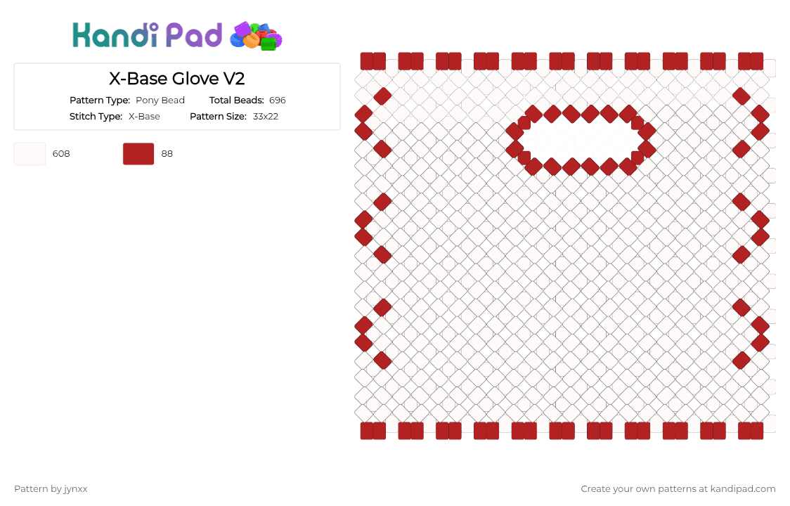 X-Base Glove V2 - Pony Bead Pattern by jynxxstoleyourbread on Kandi Pad - white,red,xbase,glove,stitches