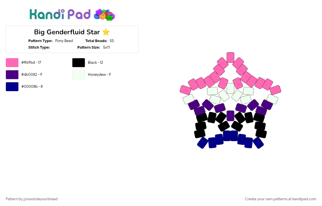 Big Genderfluid Star ⭐ - Pony Bead Pattern by jynxxstoleyourbread on Kandi Pad - charms, genderfluid, pink, pride, pride flag, purple, star