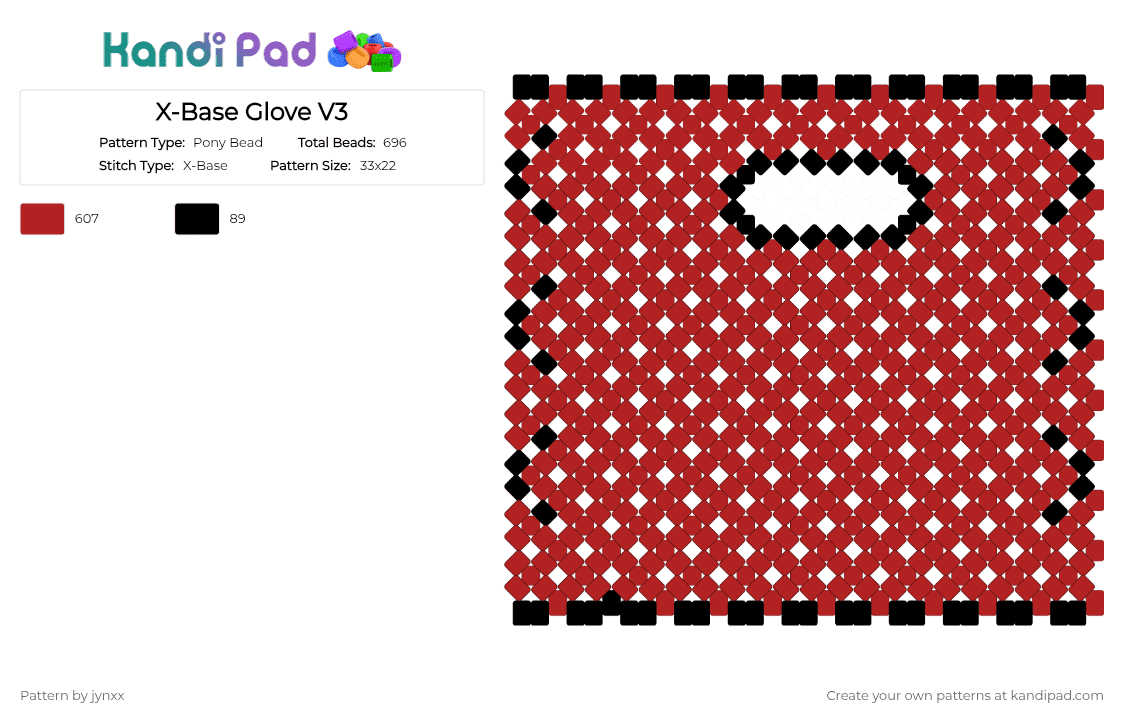 X-Base Glove V3 - Pony Bead Pattern by jynxxstoleyourbread on Kandi Pad - red,black,stitches,xbase,glove