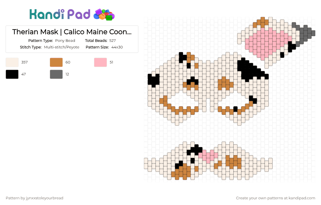 Therian Mask | Calico Maine Coon Cat - Pony Bead Pattern by jynxxstoleyourbread on Kandi Pad - calico cat, cat, kitty, maine coon, mask, orange, pink, therian, white