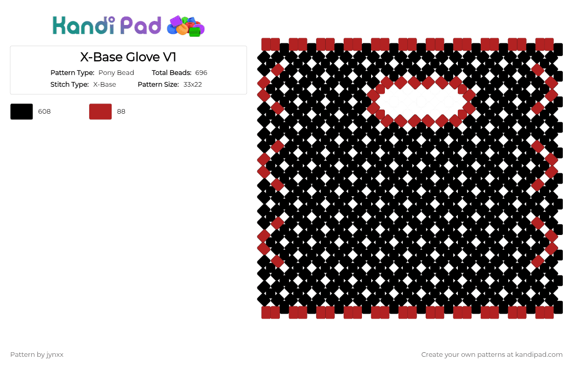 X-Base Glove V1 - Pony Bead Pattern by jynxxstoleyourbread on Kandi Pad - black,red,glove,xbase,stitches