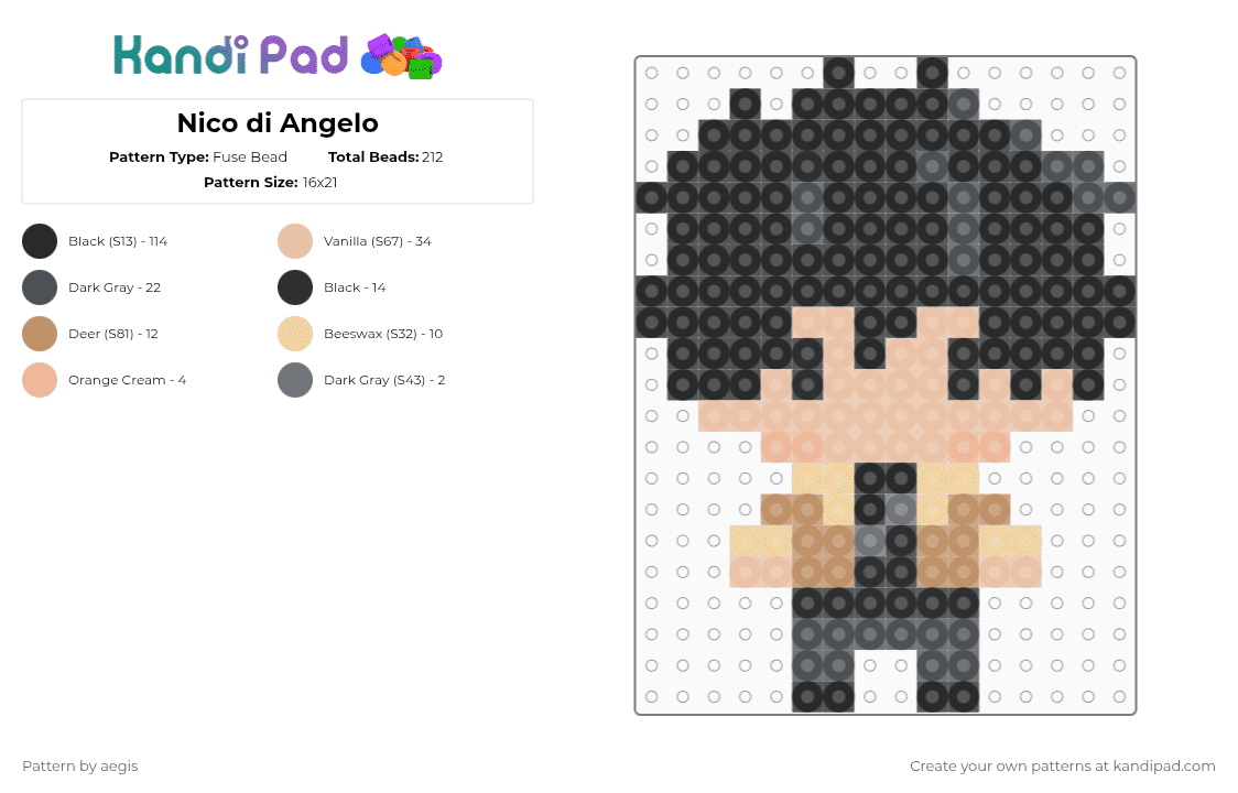 Nico di Angelo - Fuse Bead Pattern by jynxxstoleyourbread on Kandi Pad - black,beige,percy jackson,characters,spooky