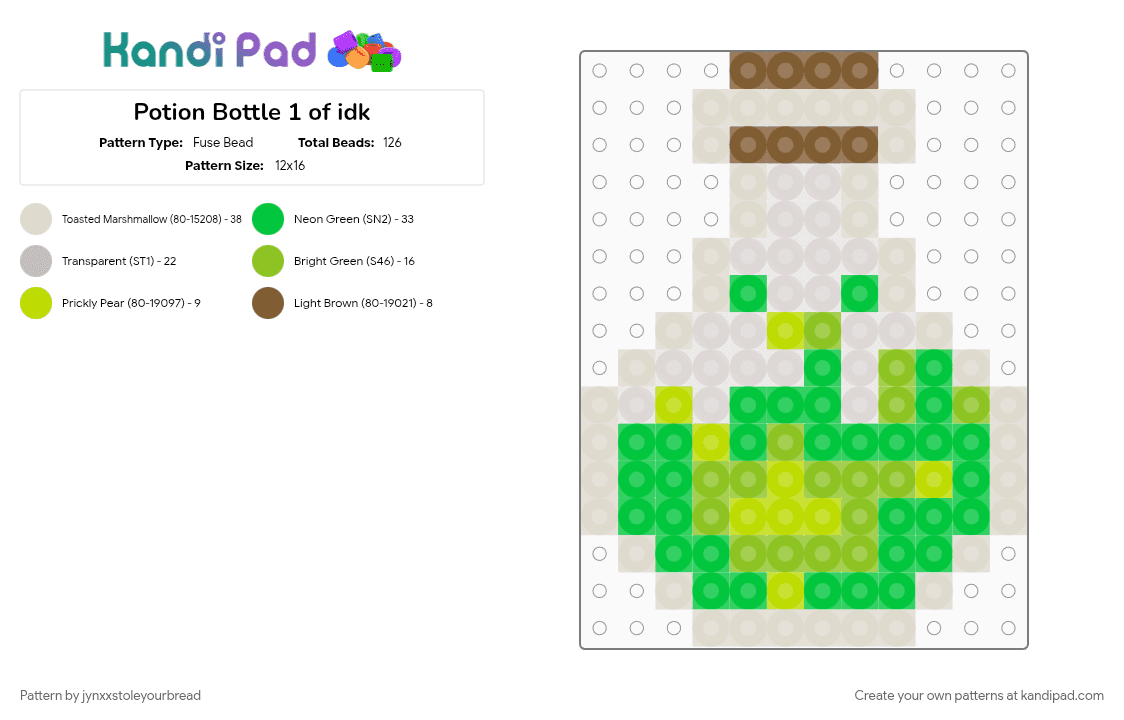 Potion Bottle 1 of idk - Fuse Bead Pattern by jynxxstoleyourbread on Kandi Pad - beige, bottle, cork, cotdpotions, green, potion, potion bottle, potions, transparent