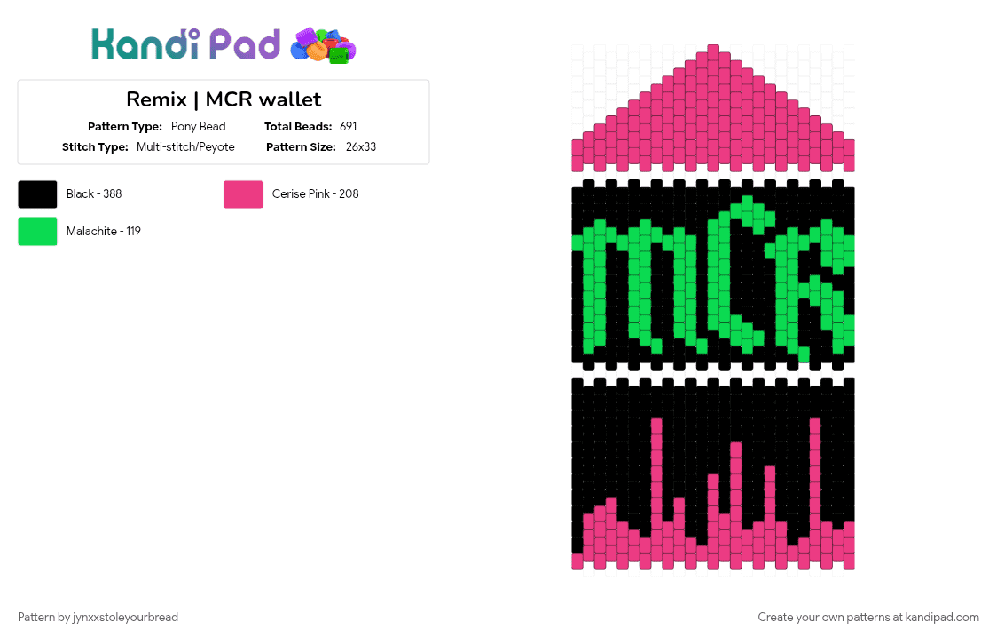 Remix | MCR wallet - Pony Bead Pattern by jynxxstoleyourbread on Kandi Pad - black, emo, green, mcr, music, my chemical romance, pink, teal, wallet