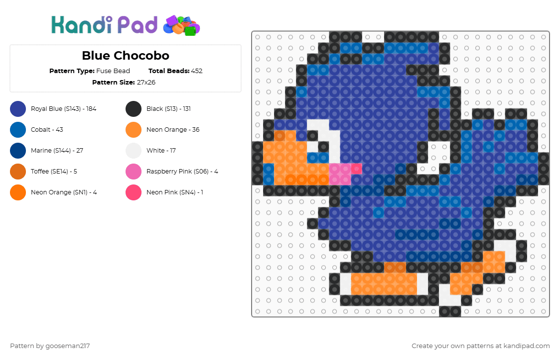 Blue Chocobo - Fuse Bead Pattern by gooseman217 on Kandi Pad - blue,purple,chocobo,cute,bird,final fantasy