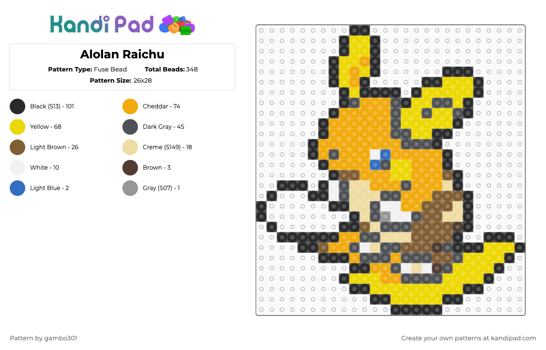 Alolan Raichu - Fuse Bead Pattern by gambo301 on Kandi Pad - gray,orange,yellow